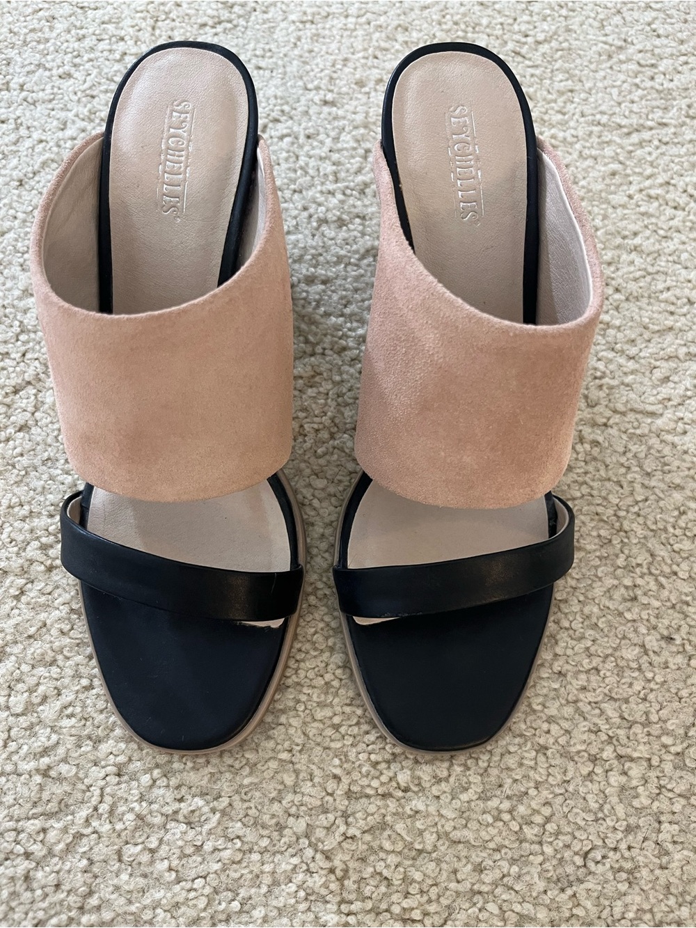 Seychelles Two-Band Mules in Blush Suede and Black Leather